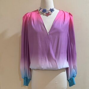 Ombre Pink to Blue V-Neck Long-Sleeve Blouse